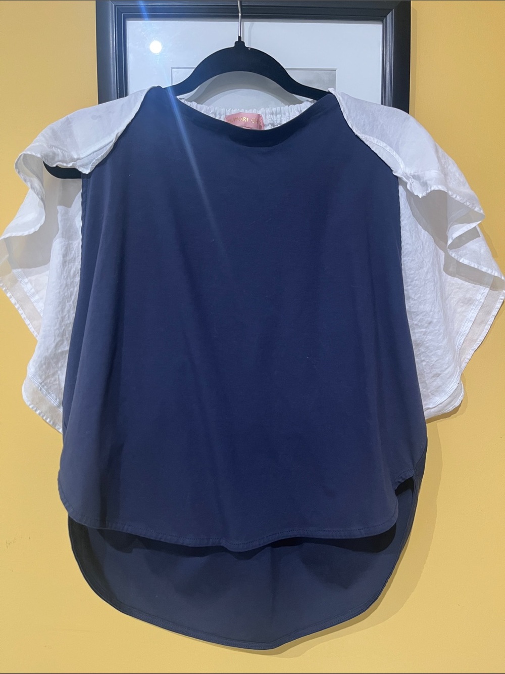 Tsumori Chisato Navy and White Flutter-Sleeve Asymmetrical Blouse Japan Sz 3